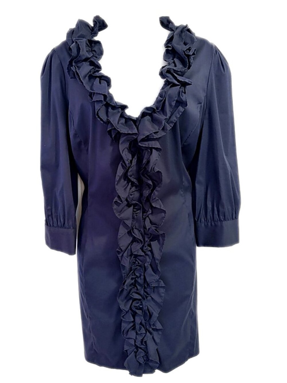 Flavio Castellani Dress Navy Blue Cotton Shirt Dress Ruffled Mini size 8